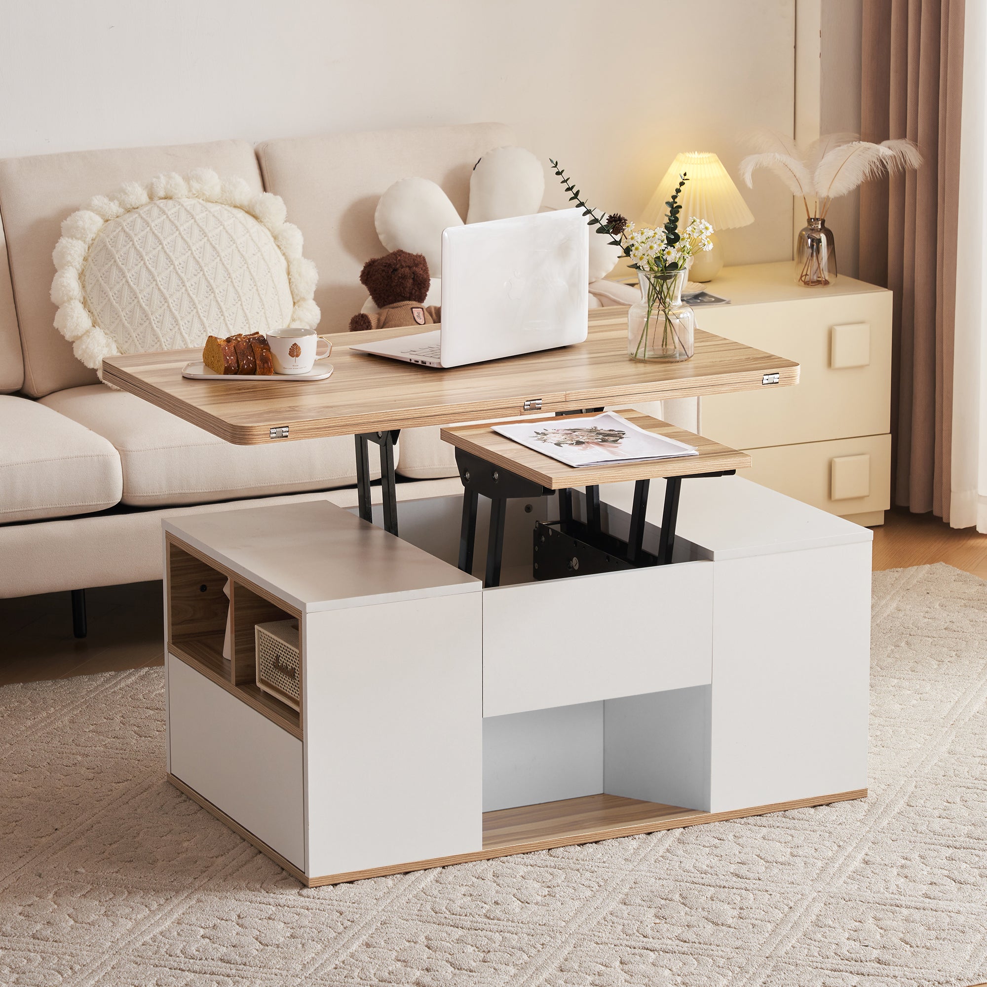 326450455WAANEW  White & Oak Coffee Table With Storage, Lift Up Coffee Table For Living Room, Coffee Table With 2 Drawers Lift-Top Sofa End Tea Tables For Living Room Furniture
