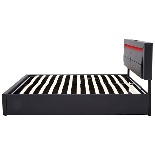 Upholstered Bed 150 X 200 Cm, King Size Bed-5ft,with USB Port Supports Wireless And Wired Charging, With LED Lighting And Storage Space, Without Mattress, PU Lychee Pattern, Black