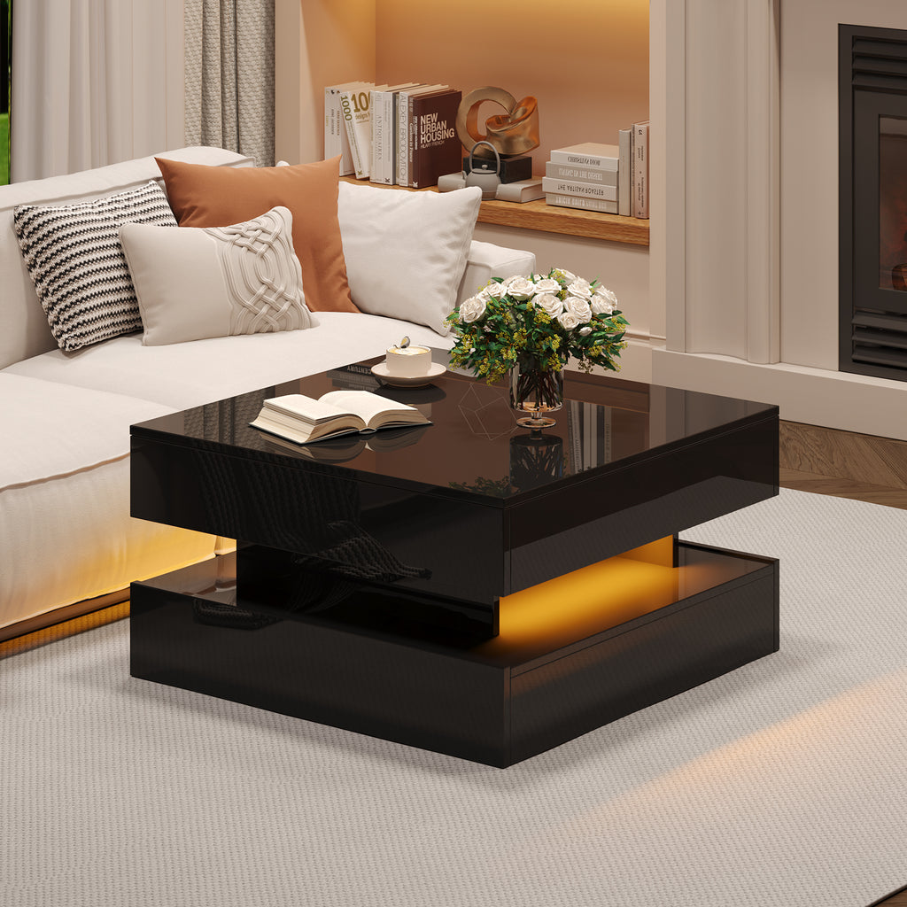 65 X 65 X 38.5 Cm Liftable Living Room Table, Side Table, High-gloss Coffee Table With LED Light Strip, Sofa Table With 2 Drawers, Coffee Table With Geometric Design And Hidden Storage Space, Black