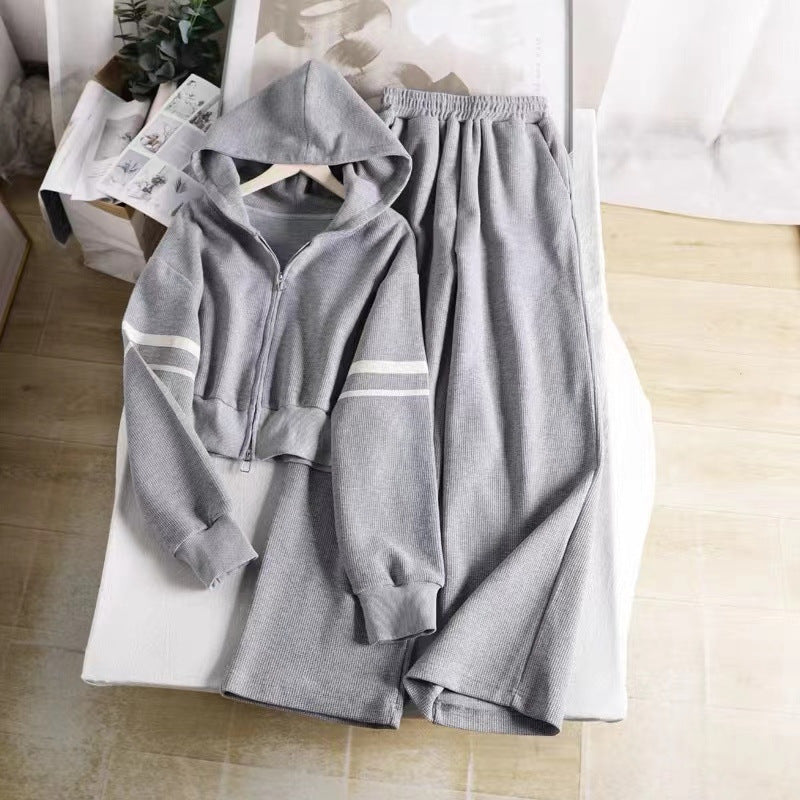 Waffle-knit Hooded Cardigan And Sweatshirt Set For Women