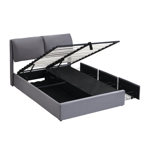 Upholstered Bed,Double Bed-4ft6  135x190cm  Hydraulic Bed, Three Drawers, Bed Box For Storage, Slatted Frame With Headboard, Without Mattress, Velvet, Grey