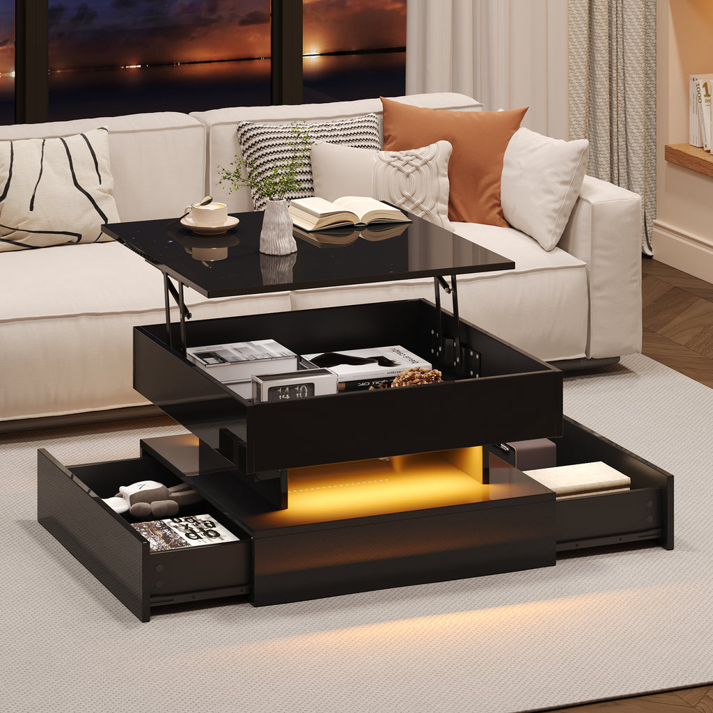 65 X 65 X 38.5 Cm Liftable Living Room Table, Side Table, High-gloss Coffee Table With LED Light Strip, Sofa Table With 2 Drawers, Coffee Table With Geometric Design And Hidden Storage Space, Black