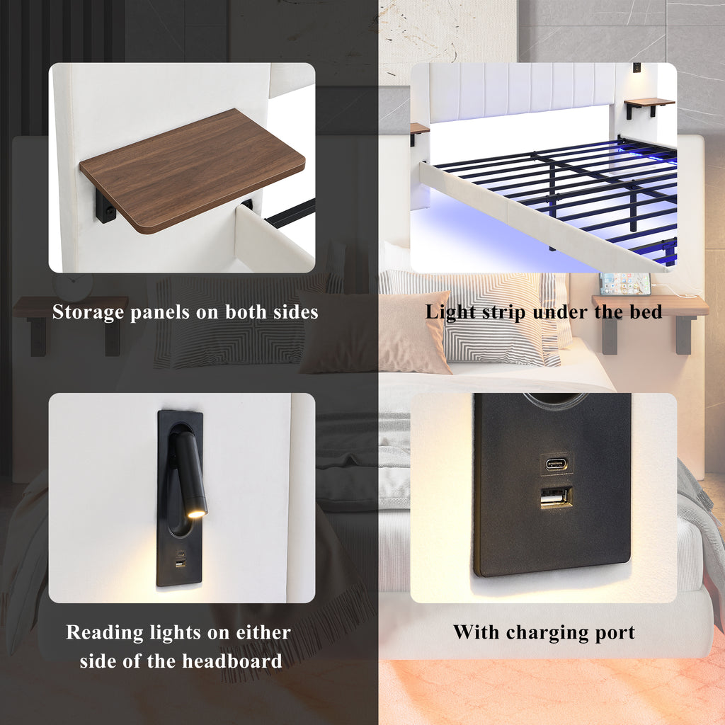 Upholstered Bed, Adults Teenagers King Bed 150x200cm, 2 Bedside Lamps, Headboard Storage Function,  With Charging Socket, With Light Strip Under The Bed,Soft Headboard, Velvet-Iron, White
