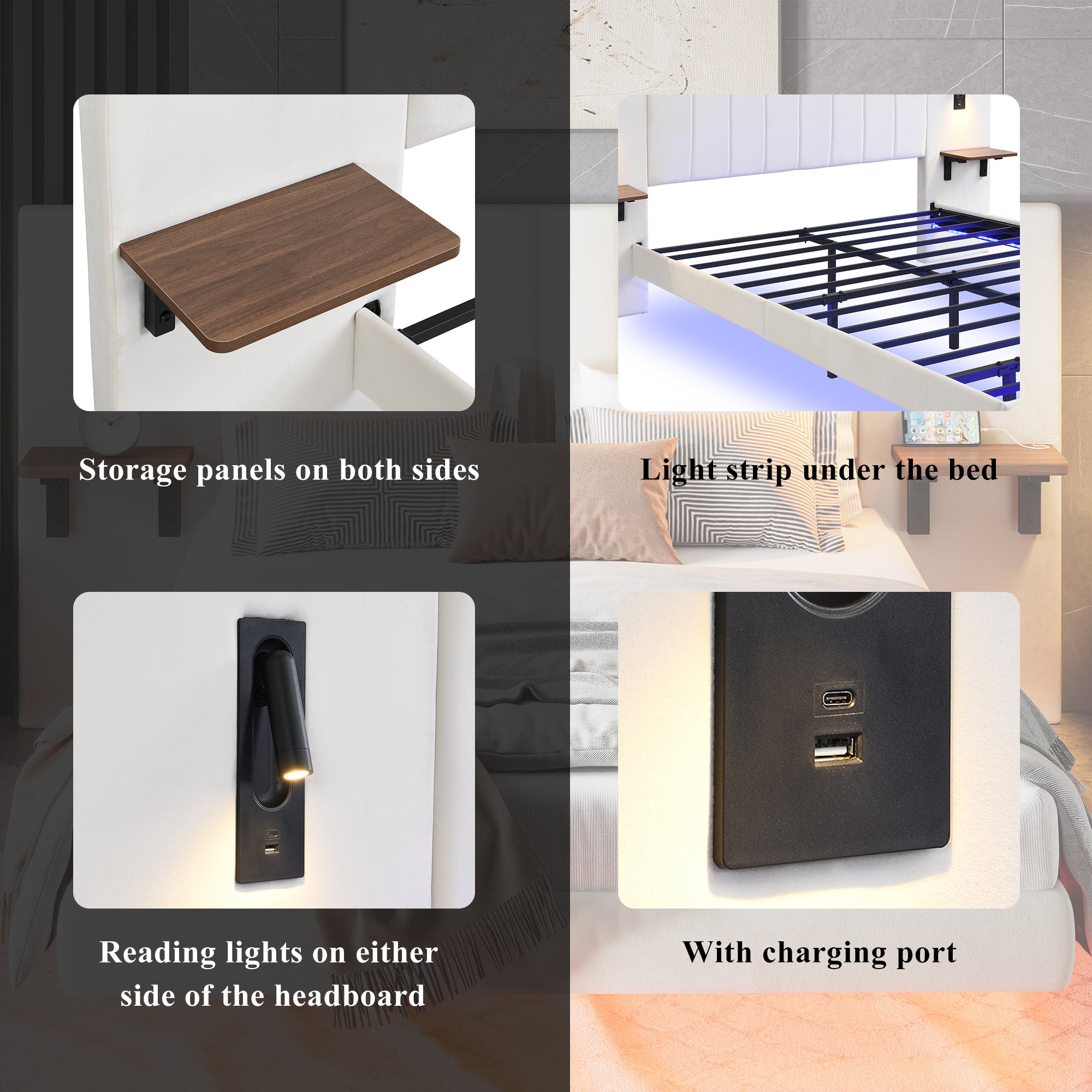Upholstered Bed, Adults Teenagers King Bed 150x200cm, 2 Bedside Lamps, Headboard Storage Function,  With Charging Socket, With Light Strip Under The Bed,Soft Headboard, Velvet-Iron, White