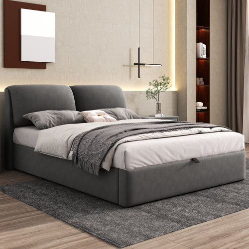 Upholstered Bed,Double Bed-4ft6  135x190cm  Hydraulic Bed, Three Drawers, Bed Box For Storage, Slatted Frame With Headboard, Without Mattress, Velvet, Grey