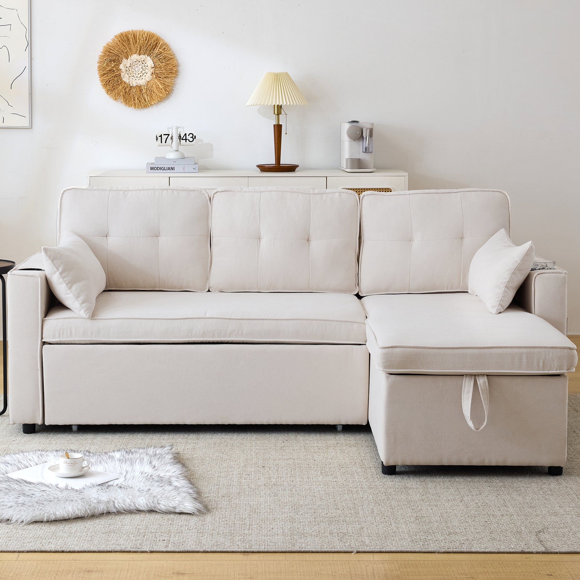3-in-1 Convertible Sofa Bed With Internal Storage Chaise, L Shaped Sleeper Sofa Couches With Cup Holders, Pillows And Storage Pocket. Pullout Sectional Daybed For Living Room Bedroom Office, Beige