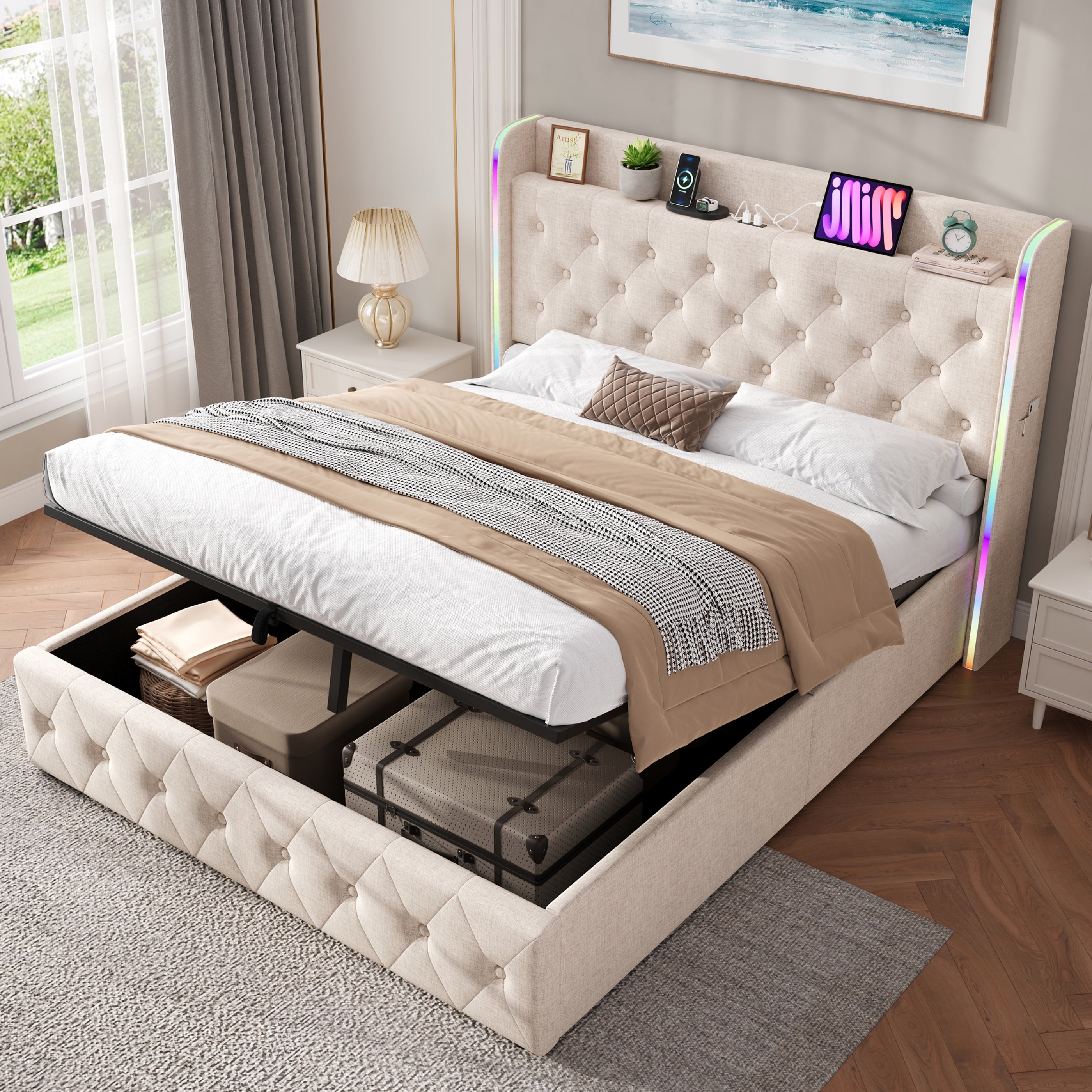 4ft6 Double Upholstered Bed Frame With Hydraulic Storage, LED Headboard With Charging Station And Button-tufted Design, USB And Type-C Ports, Linen, No Box Spring Needed, Beige  No Mattress