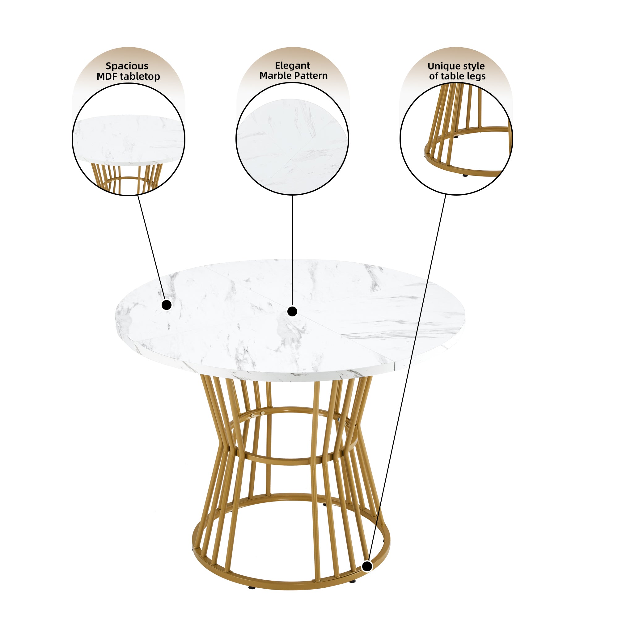 Dining Table Set  5-piece , Dining Table Set With 4 Chairs, Kitchen Table Set, Round Dining Table With 100 Cm Diameter And Golden Metal Legs, White MDF Table Top, Gray Velvet Dining Chairs