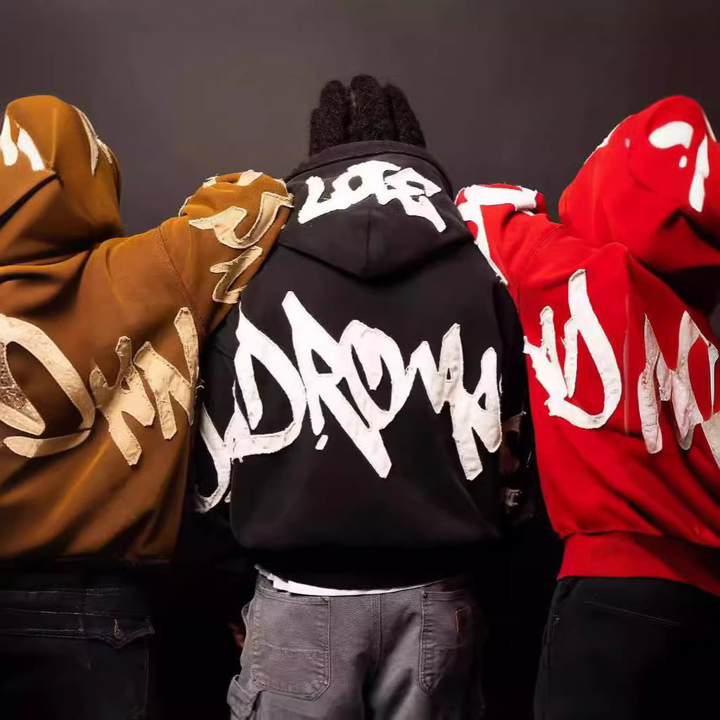 Hooded 3D Letter Print Loose Zip-Up Hoodie