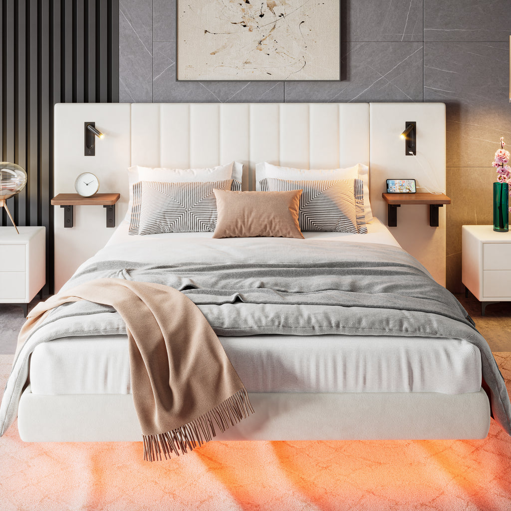 Upholstered Bed, Adults Teenagers King Bed 150x200cm, 2 Bedside Lamps, Headboard Storage Function,  With Charging Socket, With Light Strip Under The Bed,Soft Headboard, Velvet-Iron, White