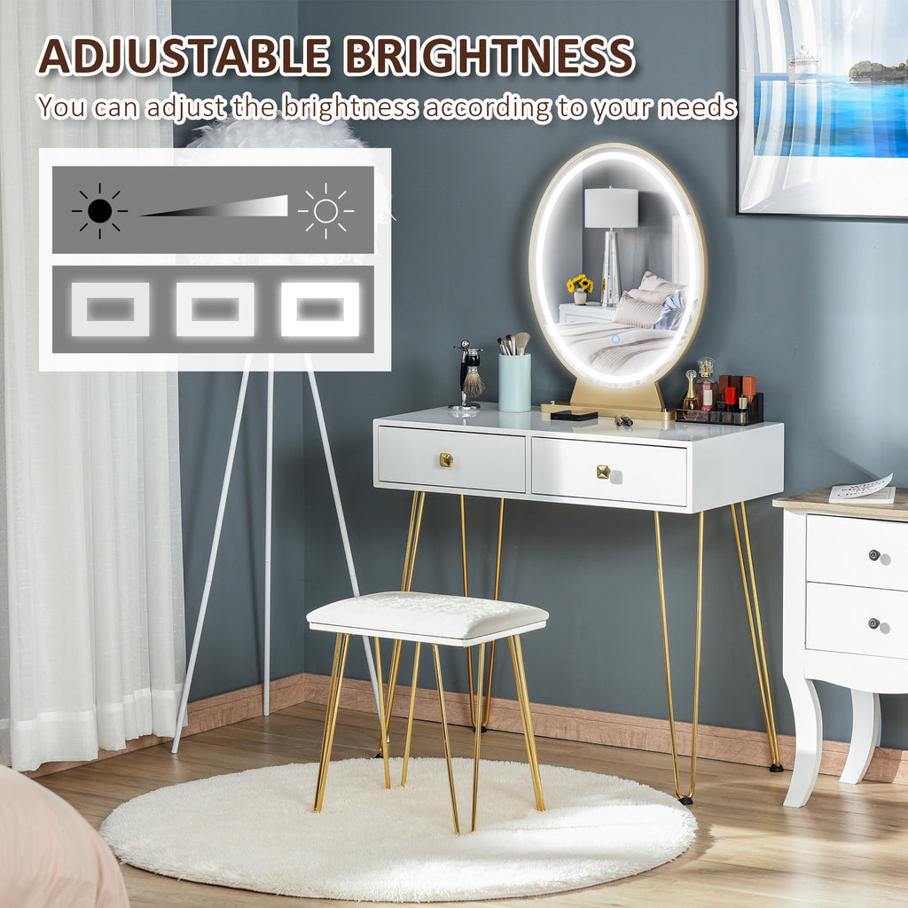 Dressing Table With LED Mirror And Cushioned Stool, Vanity Desk With Acrylic Lipstick Holder And 2 Drawers, Makeup Table For Bedroom, White