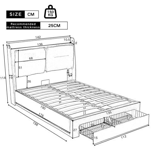 Upholstered Bed, 135x190 4ft6, Double Bed, Hydraulic Bed, 2-in-1 Storage Drawers At The End Of The Bed, Recessed LED Light Strips On Both Sides Of The Bed, Slatted Frame, Velvet,Beige