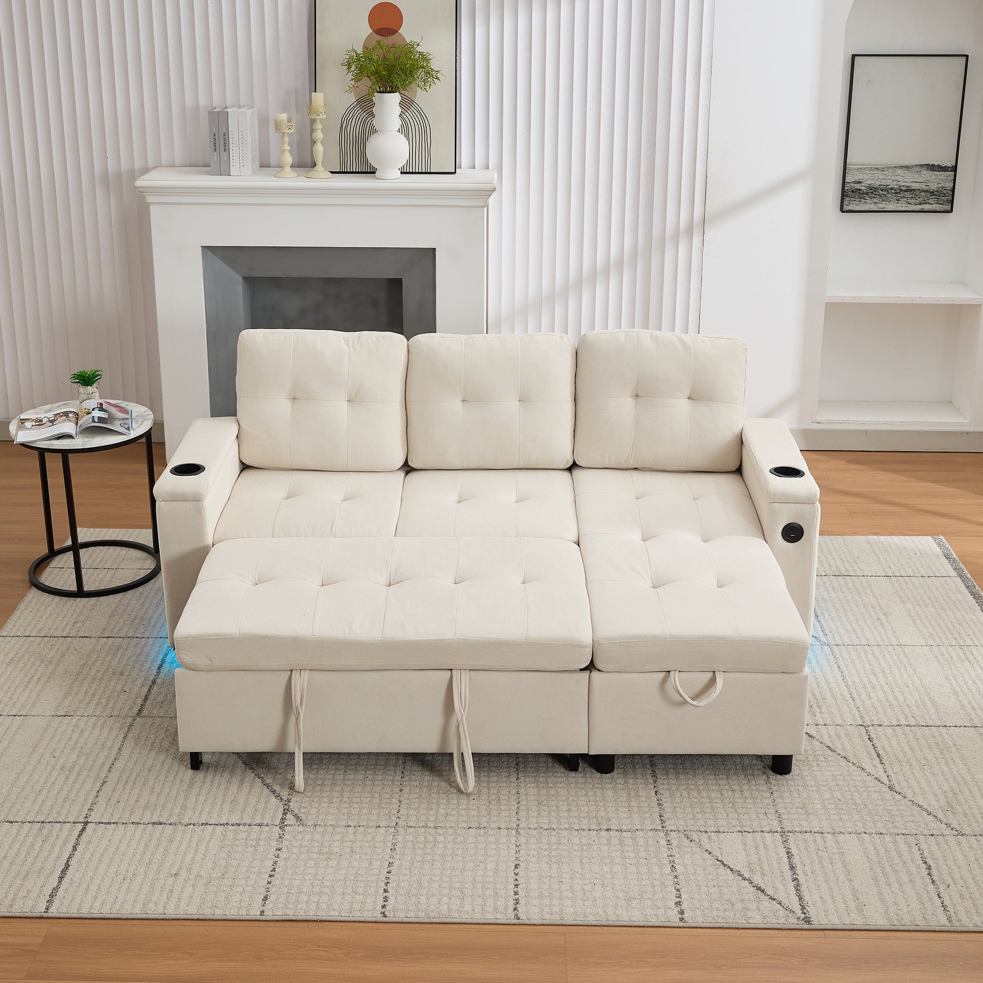 L-Shaped Couch Sofa Bed With Storage, 3 Seater Ll Out Sofa Bed With USB, LED Lights, 2cup Holders, Sectional Corner Sofa With 4 Side Pockets For Apartment Living Room, Office, Beige, 208x146x89.5cm
