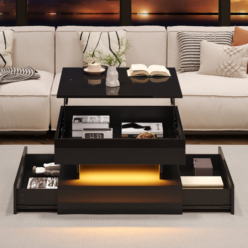 65 X 65 X 38.5 Cm Liftable Living Room Table, Side Table, High-gloss Coffee Table With LED Light Strip, Sofa Table With 2 Drawers, Coffee Table With Geometric Design And Hidden Storage Space, Black