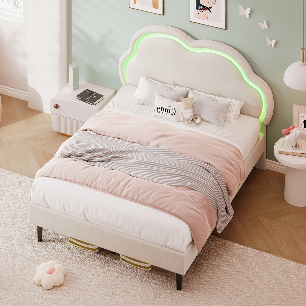 4ft6 Double Upholstered Bed With LED Adjustable Cute Cloud Headboard, Soft Velvet Bed Frame With Solid Wood Slat, No Box Spring Needed, Easy Assembly, Cream White  No Mattress