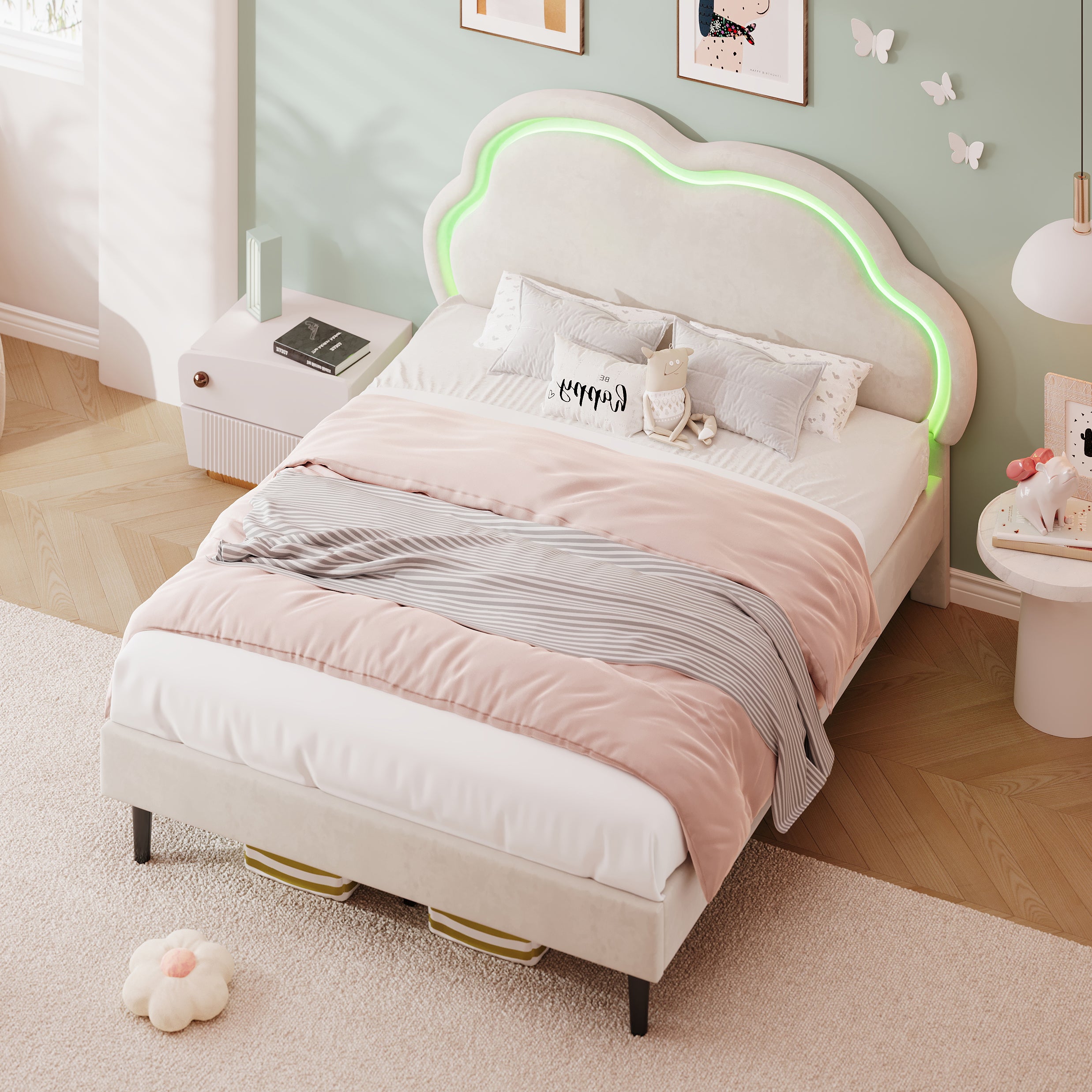 4ft6 Double Upholstered Bed With LED Adjustable Cute Cloud Headboard, Soft Velvet Bed Frame With Solid Wood Slat, No Box Spring Needed, Easy Assembly, Cream White  No Mattress