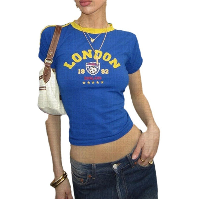 Y2K Womens Summer Cropped Slim-Fit Blue Lettered TopT-Shirt