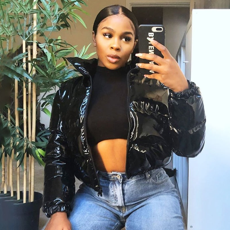 Faux PU Leather Y2K Bubble Puffer Winter Warm Jacket Women Coats Long Sleeve Outerwear Zipper Casual Slim Parkas