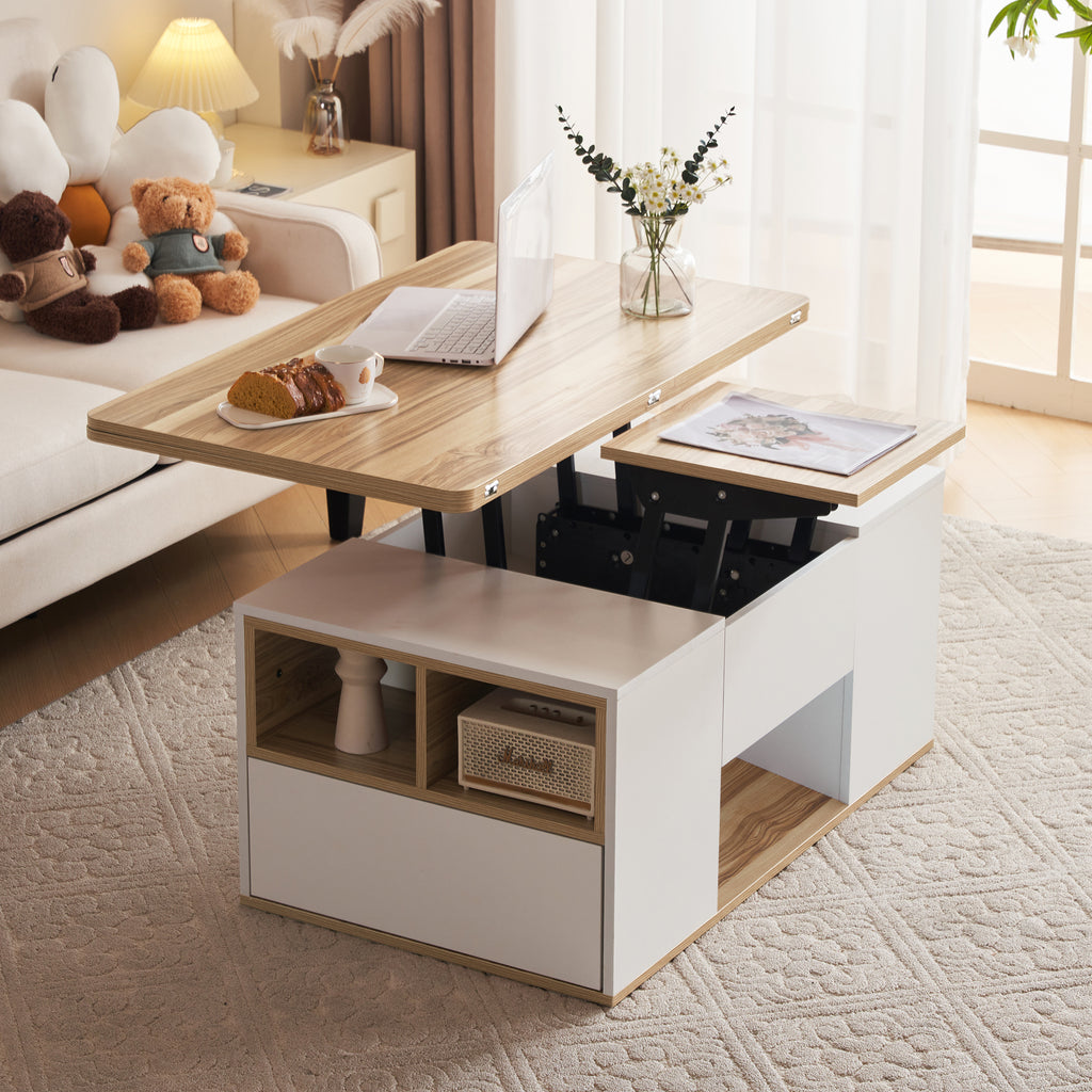 326450455WAANEW  White & Oak Coffee Table With Storage, Lift Up Coffee Table For Living Room, Coffee Table With 2 Drawers Lift-Top Sofa End Tea Tables For Living Room Furniture
