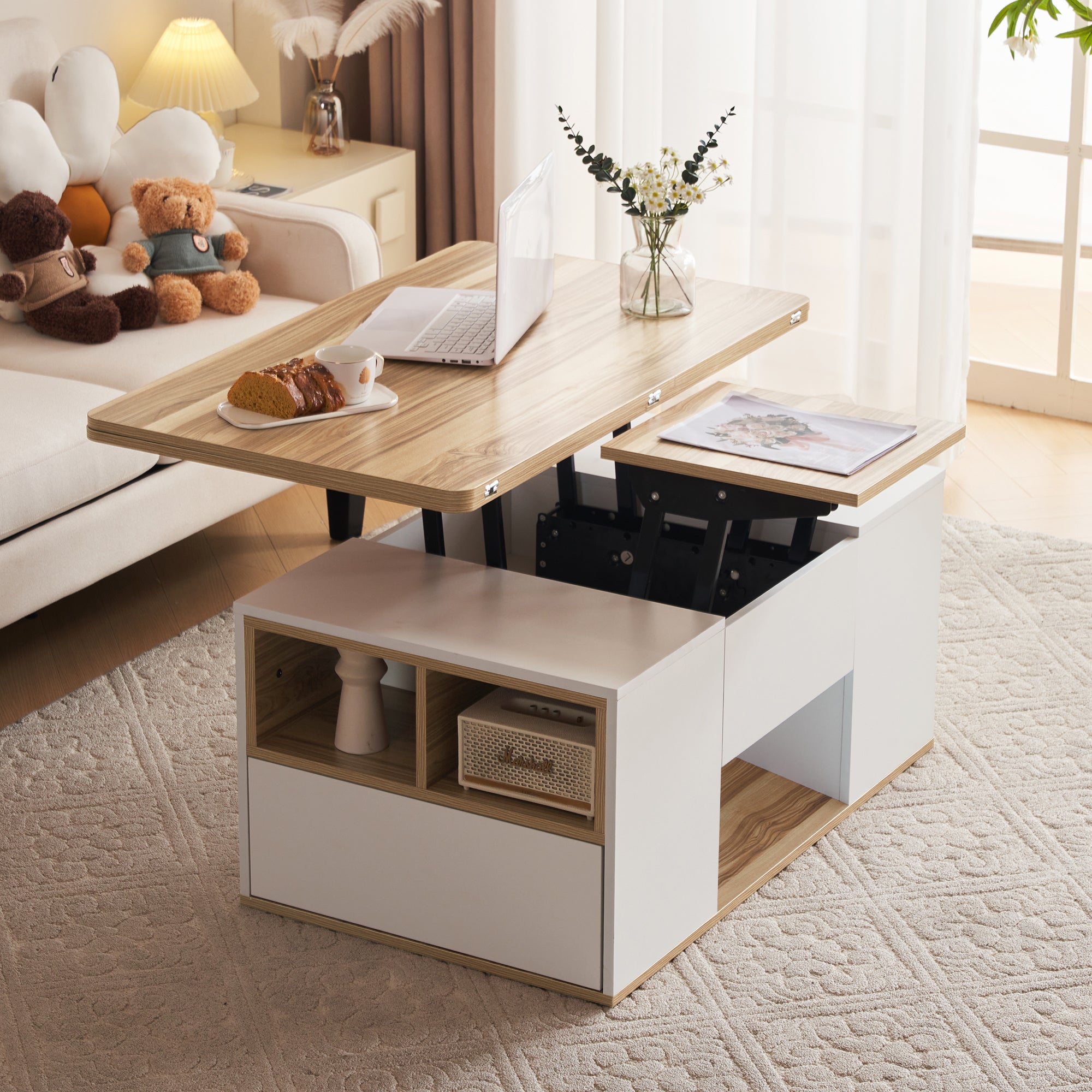 326450455WAANEW  White & Oak Coffee Table With Storage, Lift Up Coffee Table For Living Room, Coffee Table With 2 Drawers Lift-Top Sofa End Tea Tables For Living Room Furniture