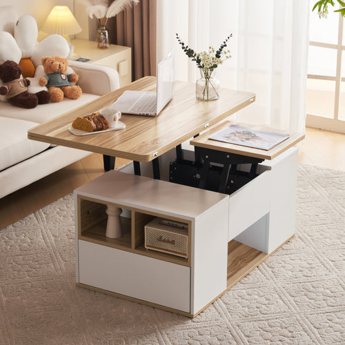 326450455WAANEW  White & Oak Coffee Table With Storage, Lift Up Coffee Table For Living Room, Coffee Table With 2 Drawers Lift-Top Sofa End Tea Tables For Living Room Furniture