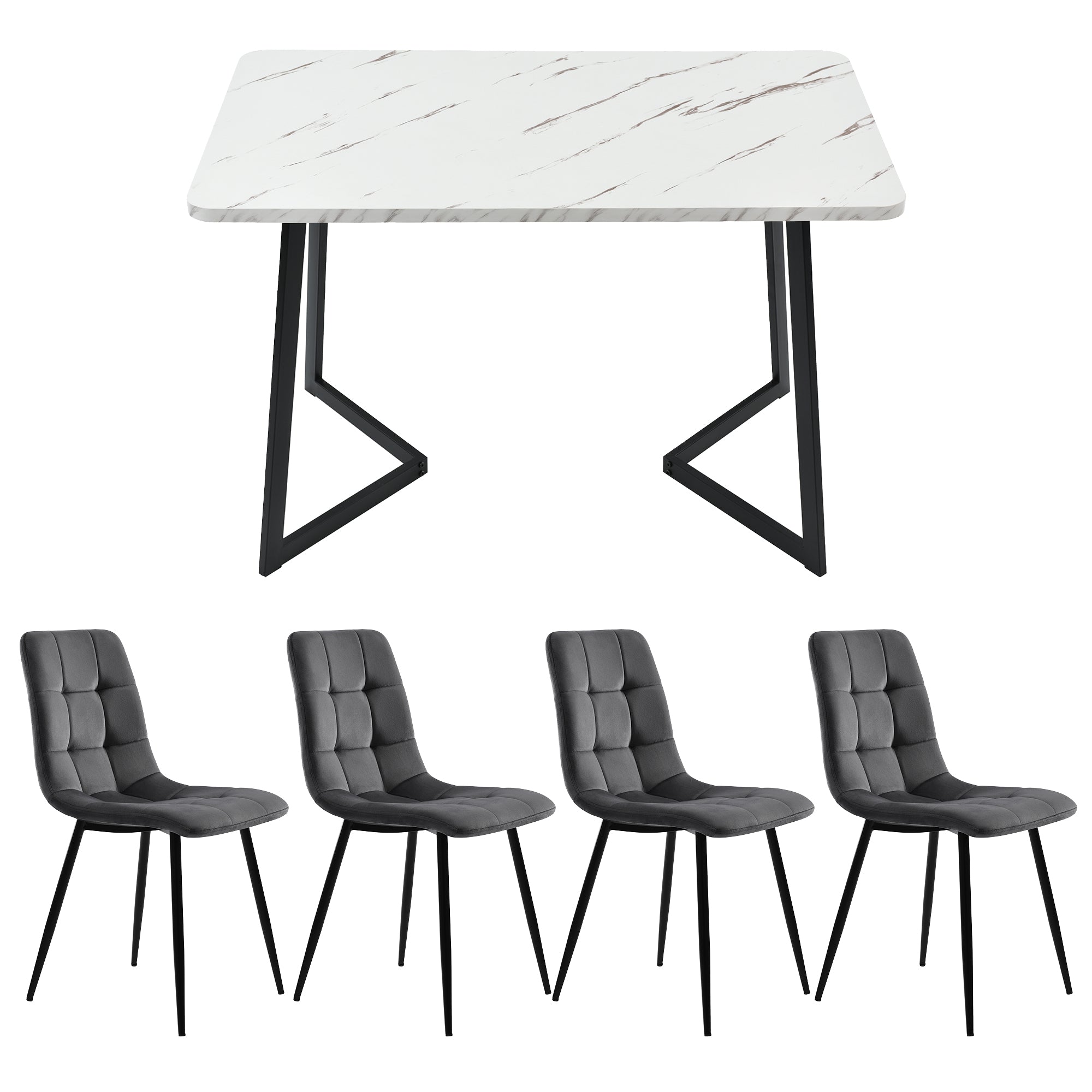 117x68cm Dining Table With 4 Chairs Set, Rectangular Dining Table Modern Kitchen Table Set,Dining Room Chair  Dark Grey Velvet Kitchen Chair,Black Table Legs