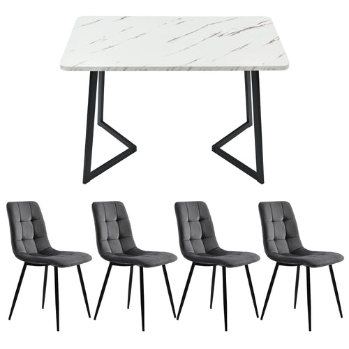 117x68cm Dining Table With 4 Chairs Set, Rectangular Dining Table Modern Kitchen Table Set,Dining Room Chair  Dark Grey Velvet Kitchen Chair,Black Table Legs