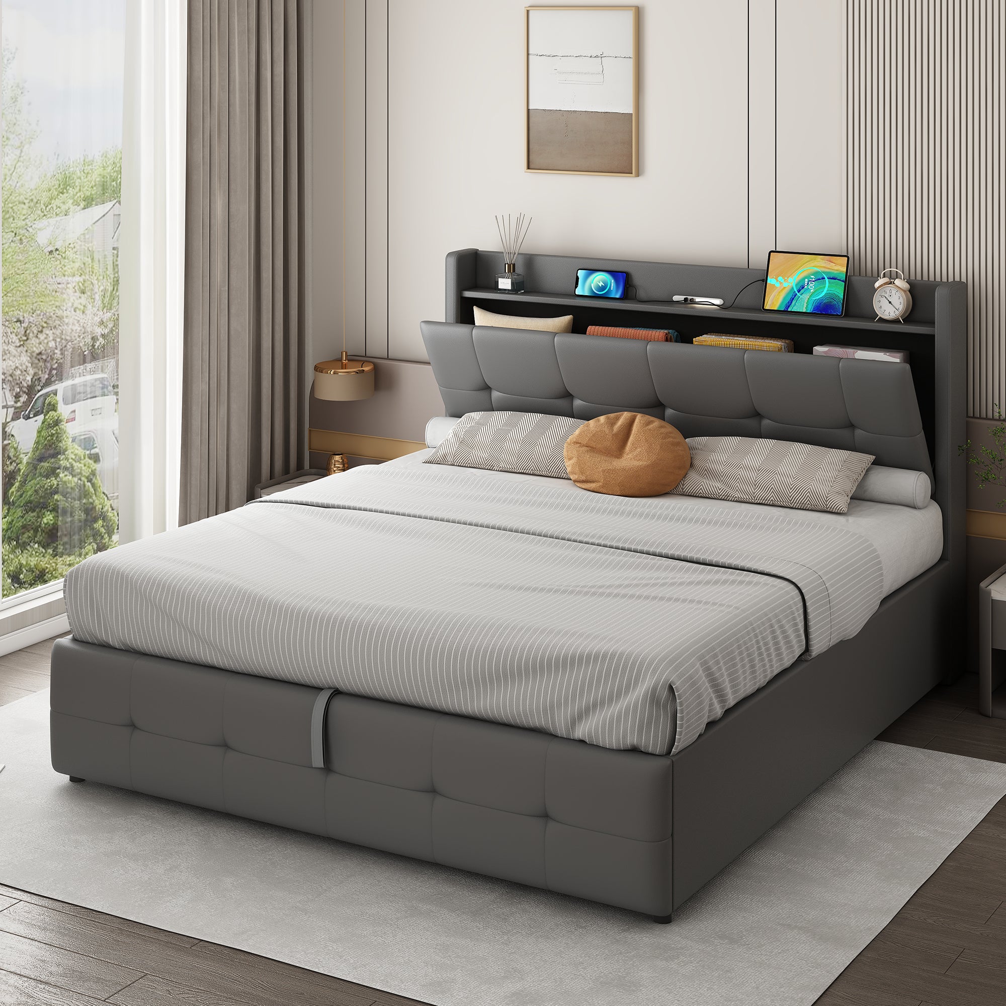5ft King Upholstered Bed Frame With Hydraulic Storage, PU Leather Ottoman Bed With Concealed Headboard Storage, Double Bed With Charging Station And LED Night Light,  Grey No Mattress