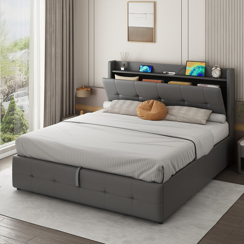 5ft King Upholstered Bed Frame With Hydraulic Storage, PU Leather Ottoman Bed With Concealed Headboard Storage, Double Bed With Charging Station And LED Night Light,  Grey No Mattress