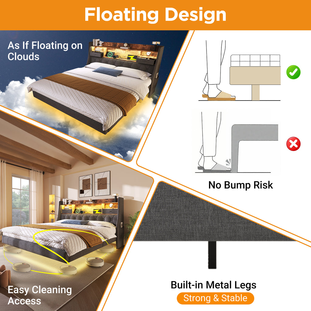 Upholstered Bed 6ft Floating Bed With LED Lighting, USB Type-C Charging, Storage Headboard For Cellphones & Tablets,  180 X 200 Cm Super King Bed With Metal Slatted Frame, Linen, Grey  No Mattress