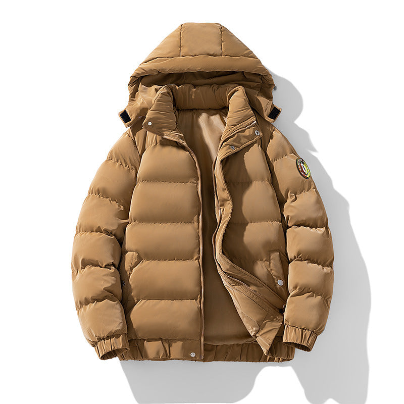 Solid-color Hooded Cotton-padded Coat Mens Puffer Jacket Velcro Straps