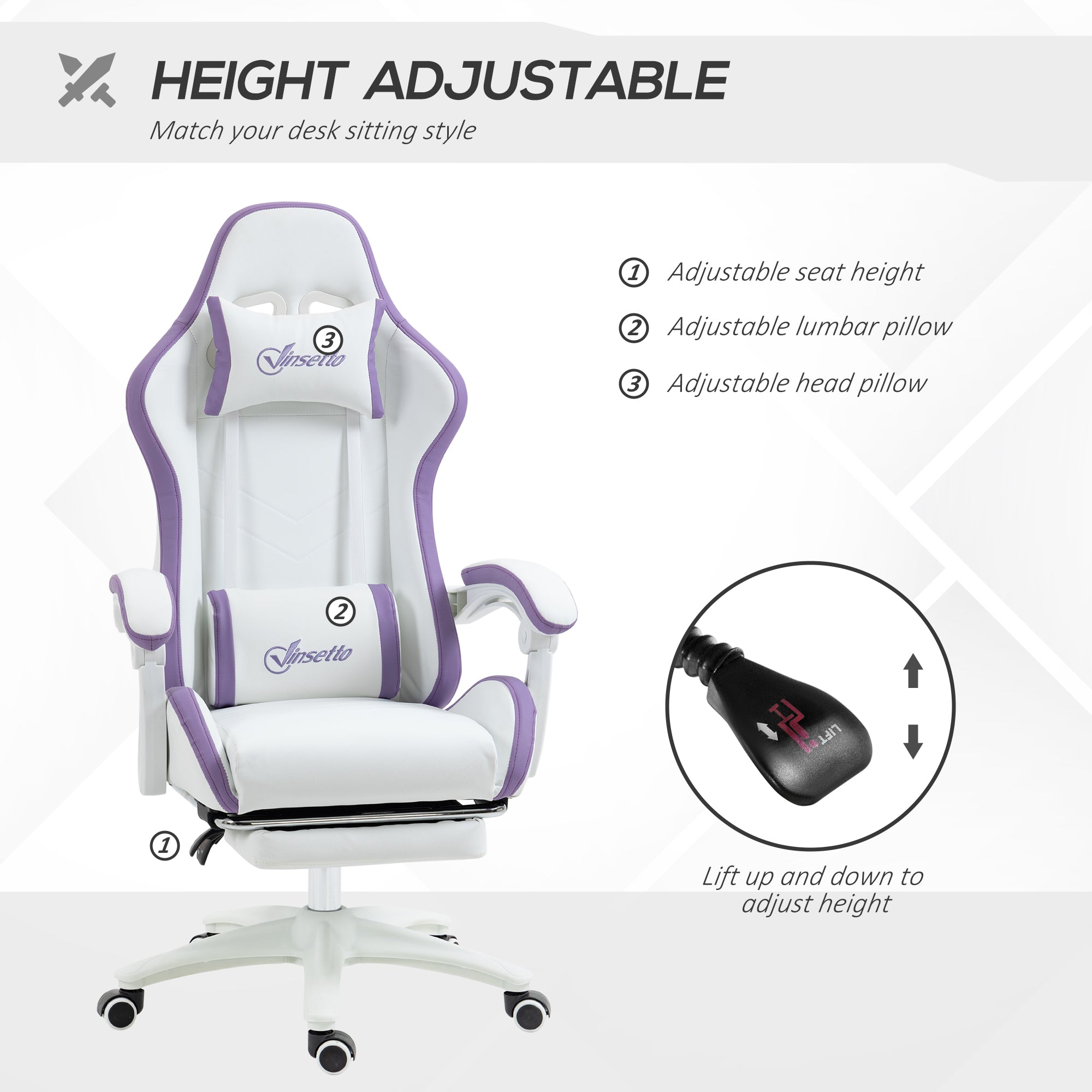 Vinsetto Computer Gaming Chair, PU Leather Office Desk Chair With Footrest, Swivel Wheels, 135° Reclining Back, Lumbar Support, Headrest For Home, White And Purple