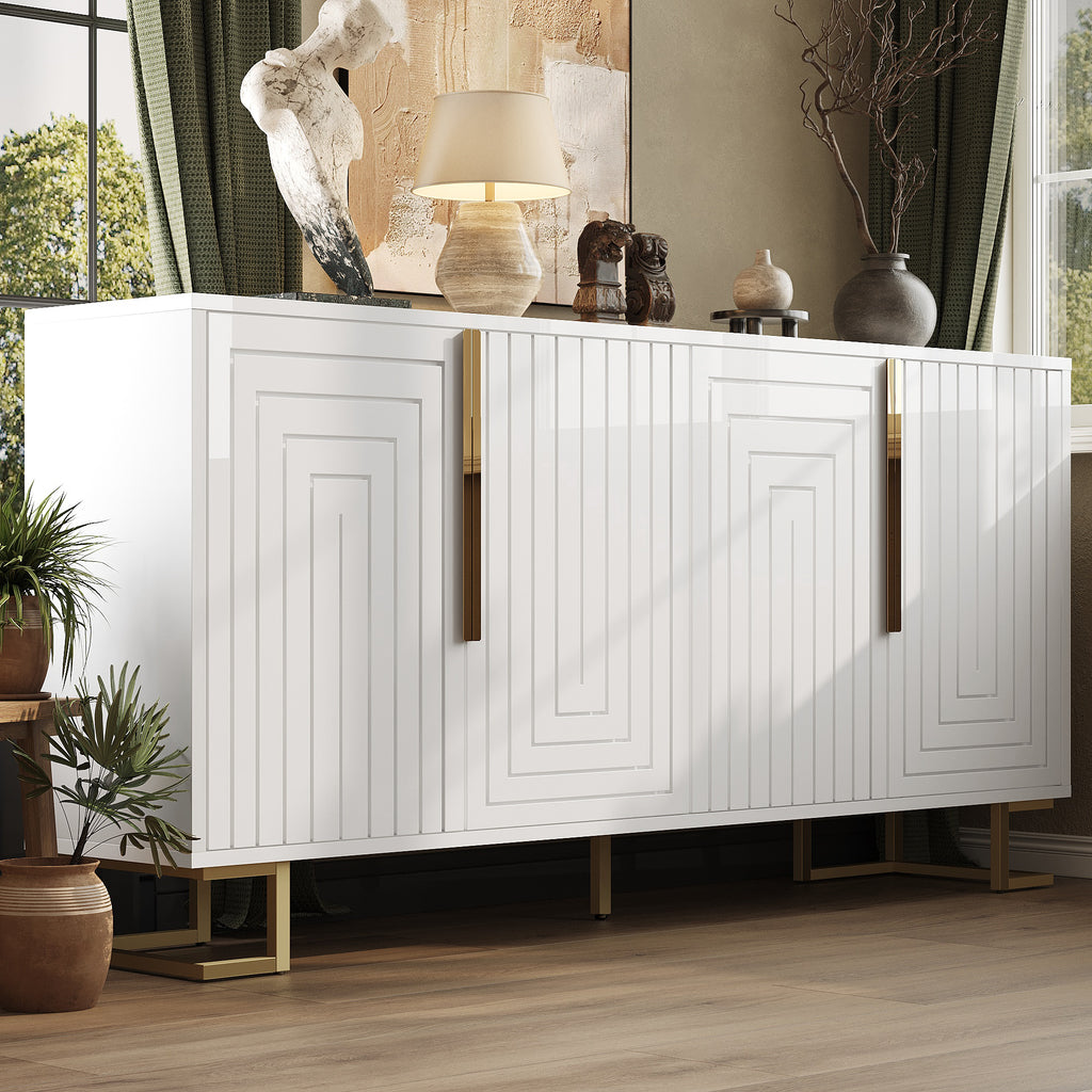 White Sideboard 152 X 40 X 75 Cm Features A Unique Geometric Design And Gold Handles And Feet For An Elegant Feel.
