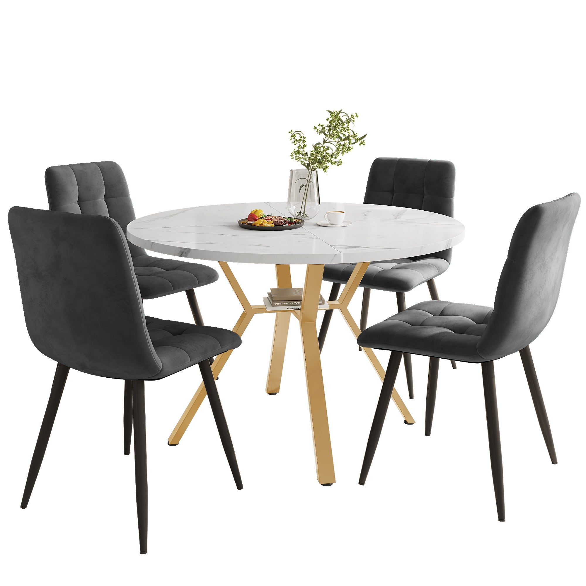 Dining Table Set, Dining Table And Chair Set  5-piece , Modern, Simple Round Marble Dining Table And Chair Set, Gold-coloured Metal Table Legs   4 Ergonomic Velvet Chairs, Gray Dining Chairs
