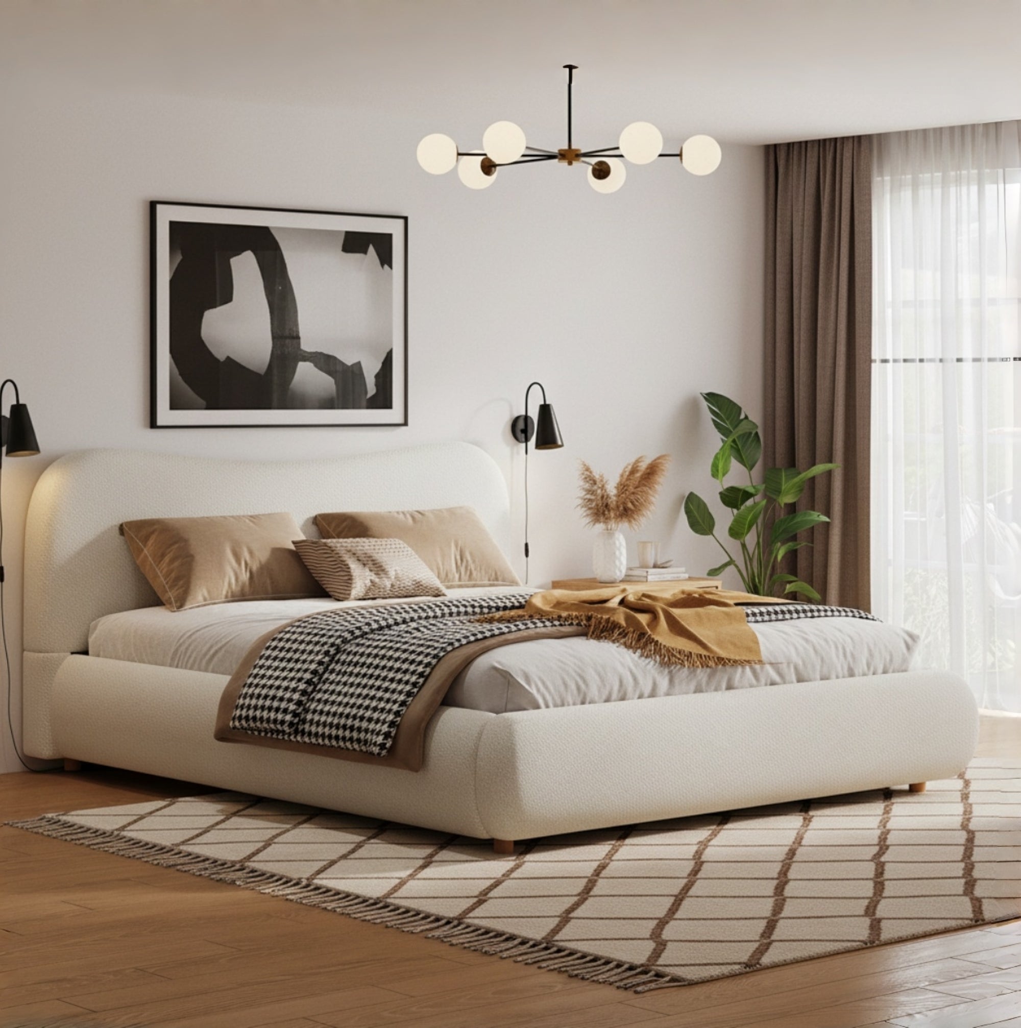 135x190cm 4ft6 Ottoman Storage Bed Frame With Curved Shaped Headboard, Soft Rounded Corners, Double Upholstered Bed Frame With Boucle Fabric, Warm White