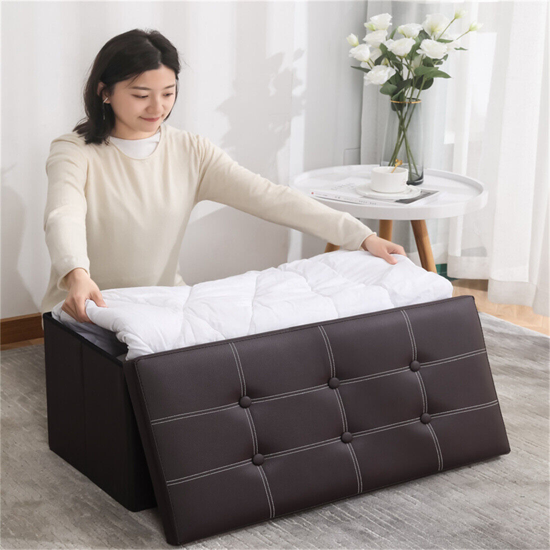 Large Seater Folding Storage Ottoman Pouffe Bench Seat Blanket Toy Chest Box UK NEW
