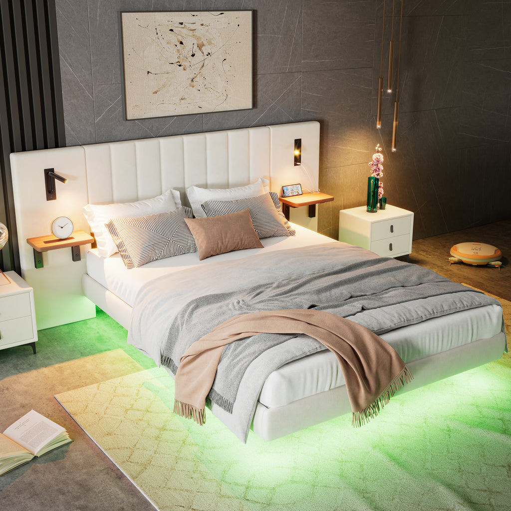 Upholstered Bed, Adults Teenagers King Bed 150x200cm, 2 Bedside Lamps, Headboard Storage Function,  With Charging Socket, With Light Strip Under The Bed,Soft Headboard, Velvet-Iron, White