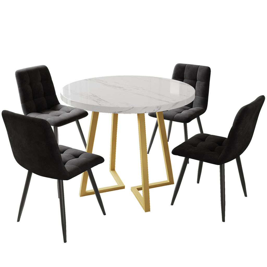 Dining Table Set  5 Pieces , Dining Table Set With 4 Chairs, Modern Kitchen Table Set, 80 Cm Diameter Round Kitchen Table With Gold Metal Legs, White MDF Table Top, Black Velvet Dining Chairs