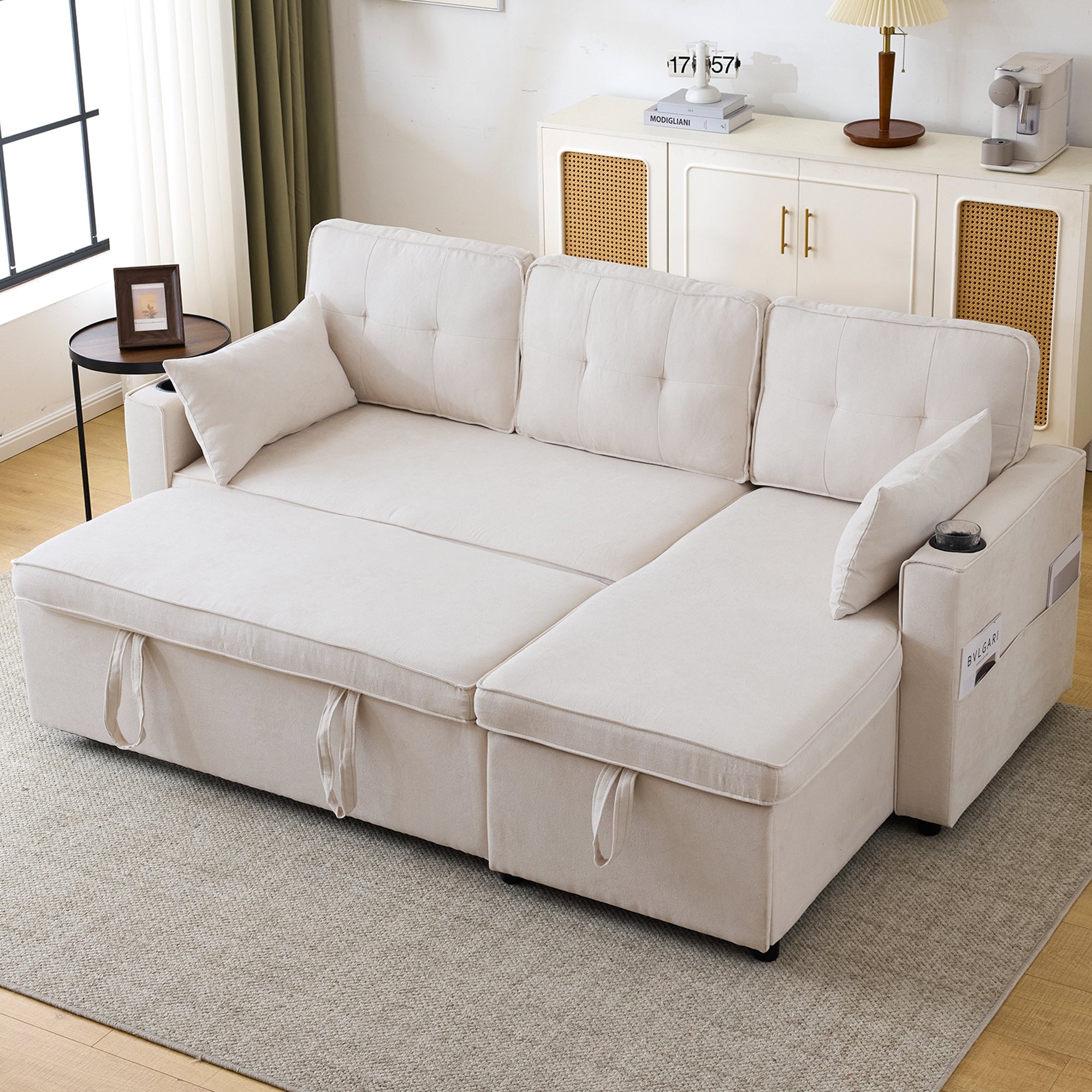 3-in-1 Convertible Sofa Bed With Internal Storage Chaise, L Shaped Sleeper Sofa Couches With Cup Holders, Pillows And Storage Pocket. Pullout Sectional Daybed For Living Room Bedroom Office, Beige