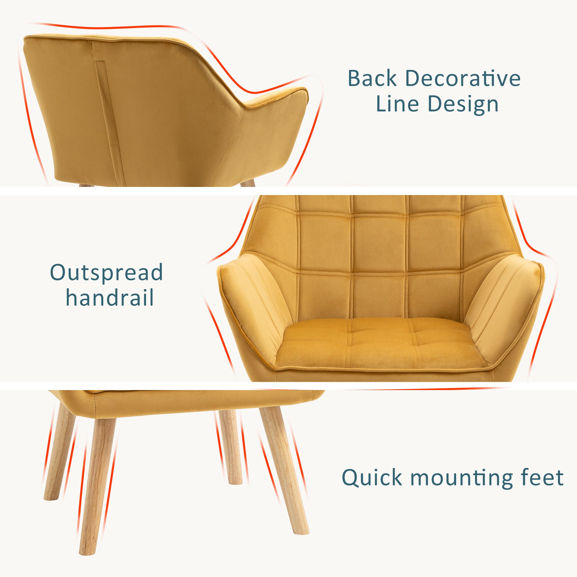 Armchair Accent Chair, Vanity Chair With Wide Arms, Slanted Back, Padding, Metal Frame, Wooden Legs, Home Bedroom Furniture Seating, Yellow