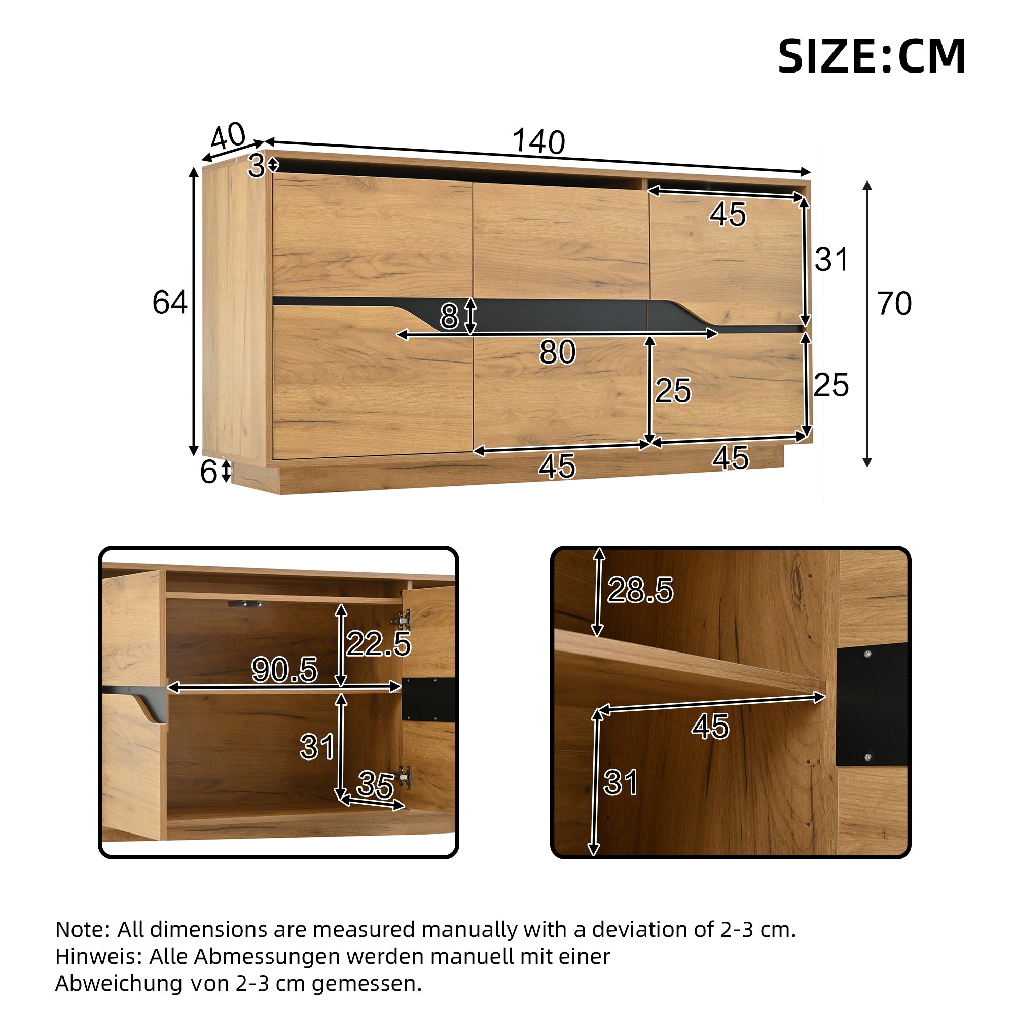 Modern Vintage Storage Cabinet, Sideboard Buffet With 3 Doors, Sofa Side Cabinet, Adjustable Partition, Unique Design, For Living Room, Bed Room, Kitchen, Hallway, 140x40x70CM, Wood