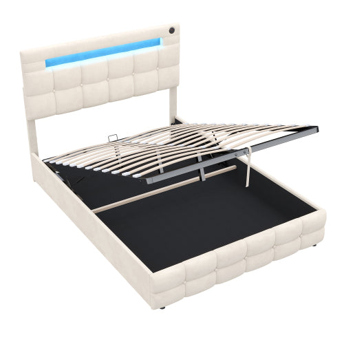 4ft6 Double Upholstered Bed Frame With Hydraulic Storage, Velvet Ottoman Bed With LED Lighting And Charging Station, Double Bed With Adjustable Button Tufted Headboard, Beige