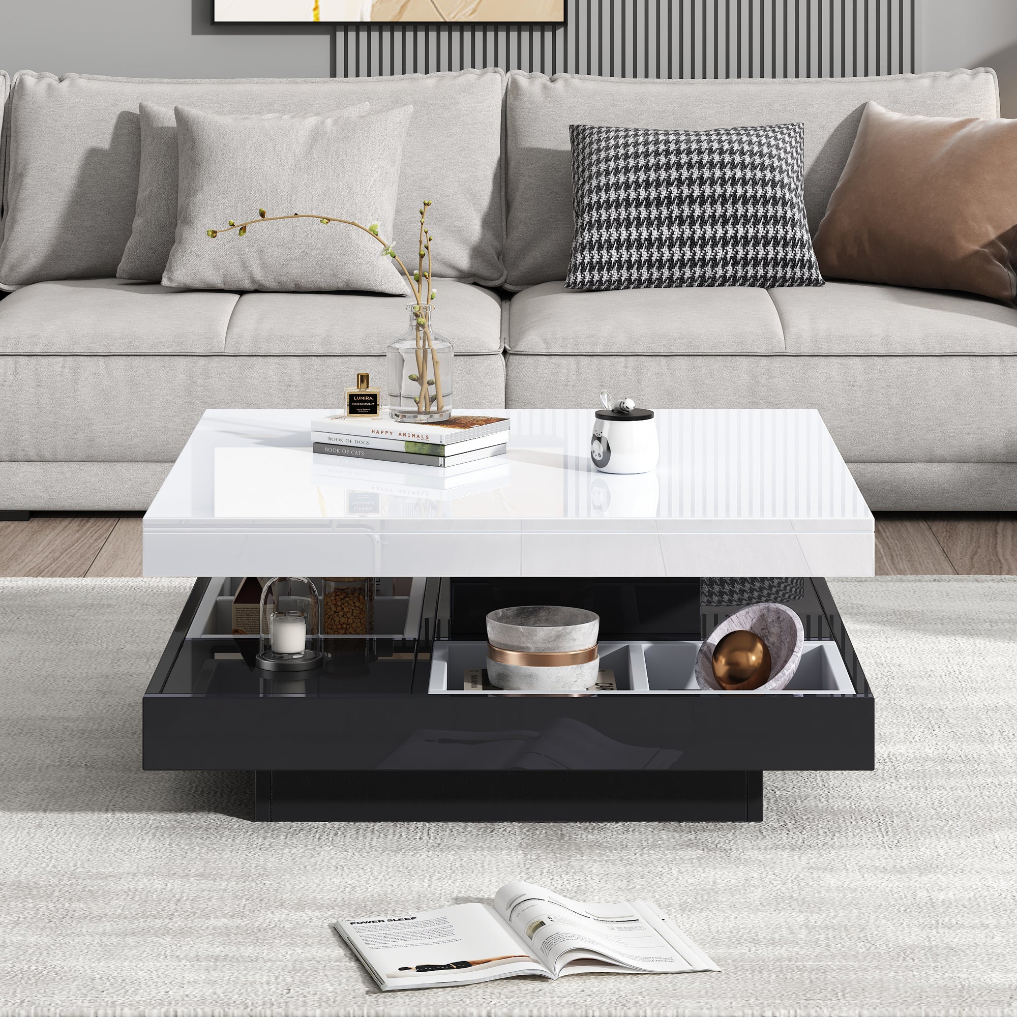 360 Rotating Coffee Table, Fully Functional Living Room Storage Table, High-gloss Tabletop With Storage Compartments, White Black  Living Room Tabletop, Marble-patterned Particleboard