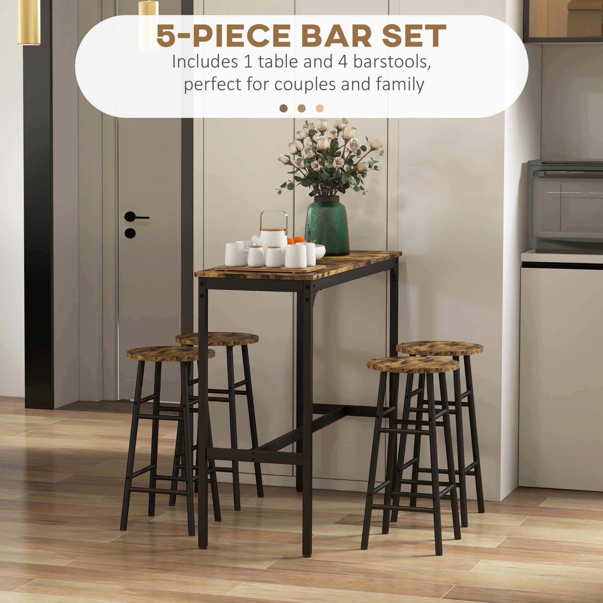 5 Piece Bar Table Set With 4 Stools, Industrial Bar Table And Stool Set, Dining Table And Chair Set, Rustic Brown