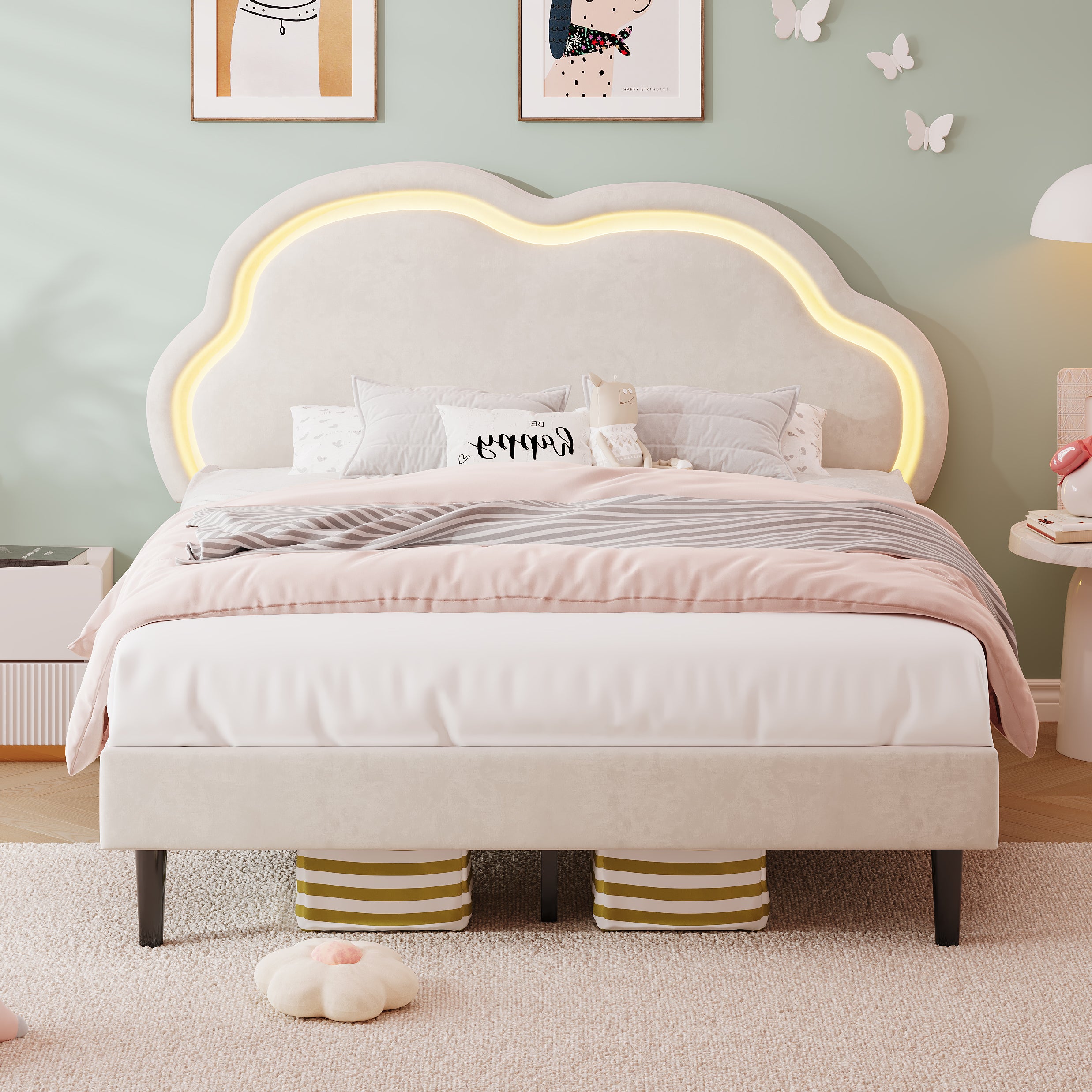4ft6 Double Upholstered Bed With LED Adjustable Cute Cloud Headboard, Soft Velvet Bed Frame With Solid Wood Slat, No Box Spring Needed, Easy Assembly, Cream White  No Mattress