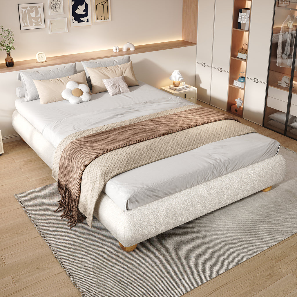 Upholstered Bed, 4ft6 Double Bed 135x190cm, Sturdy Bed Slats, Comfortable Soft Bed, Boucle  MDF Plywood, Beige