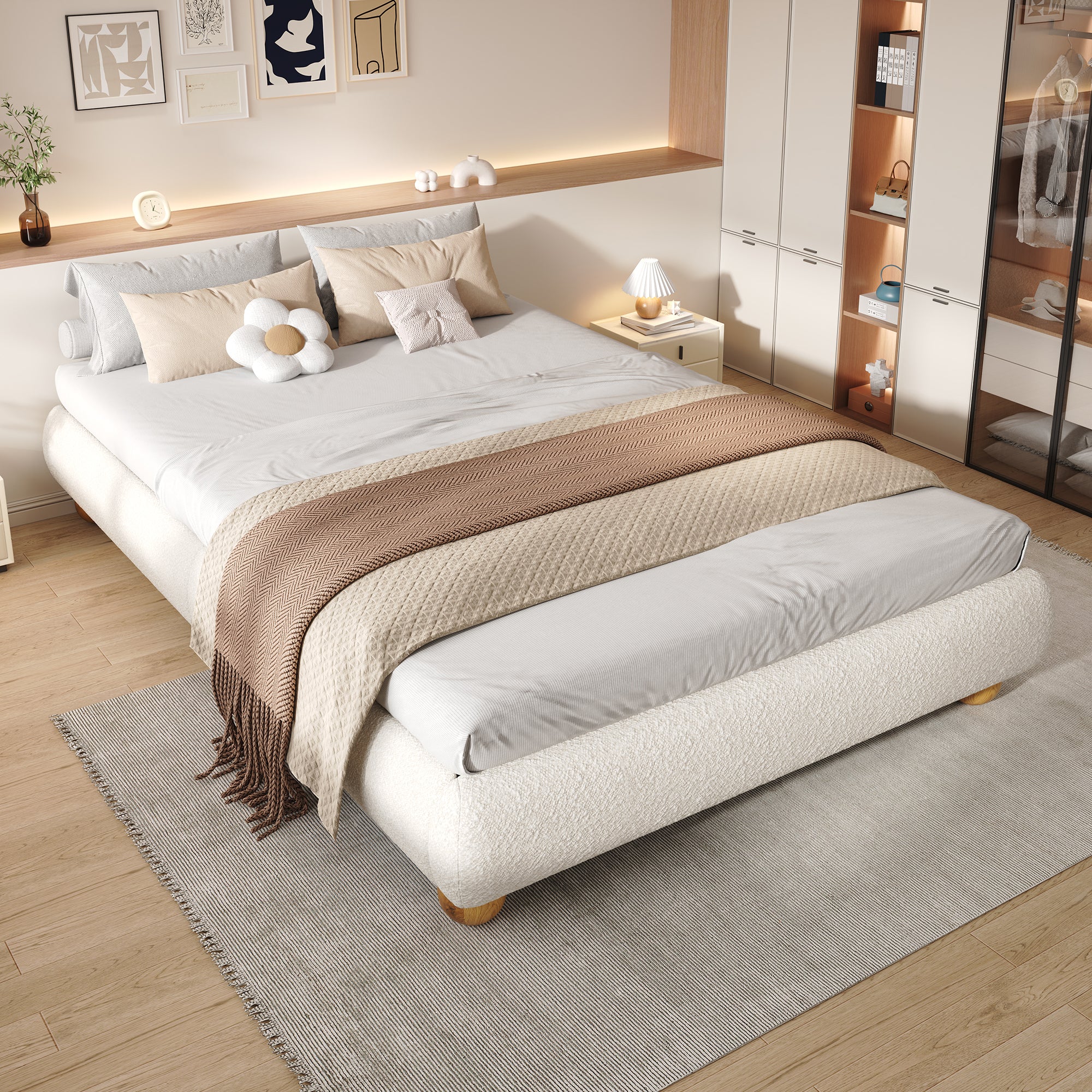Upholstered Bed, 4ft6 Double Bed 135x190cm, Sturdy Bed Slats, Comfortable Soft Bed, Boucle  MDF Plywood, Beige