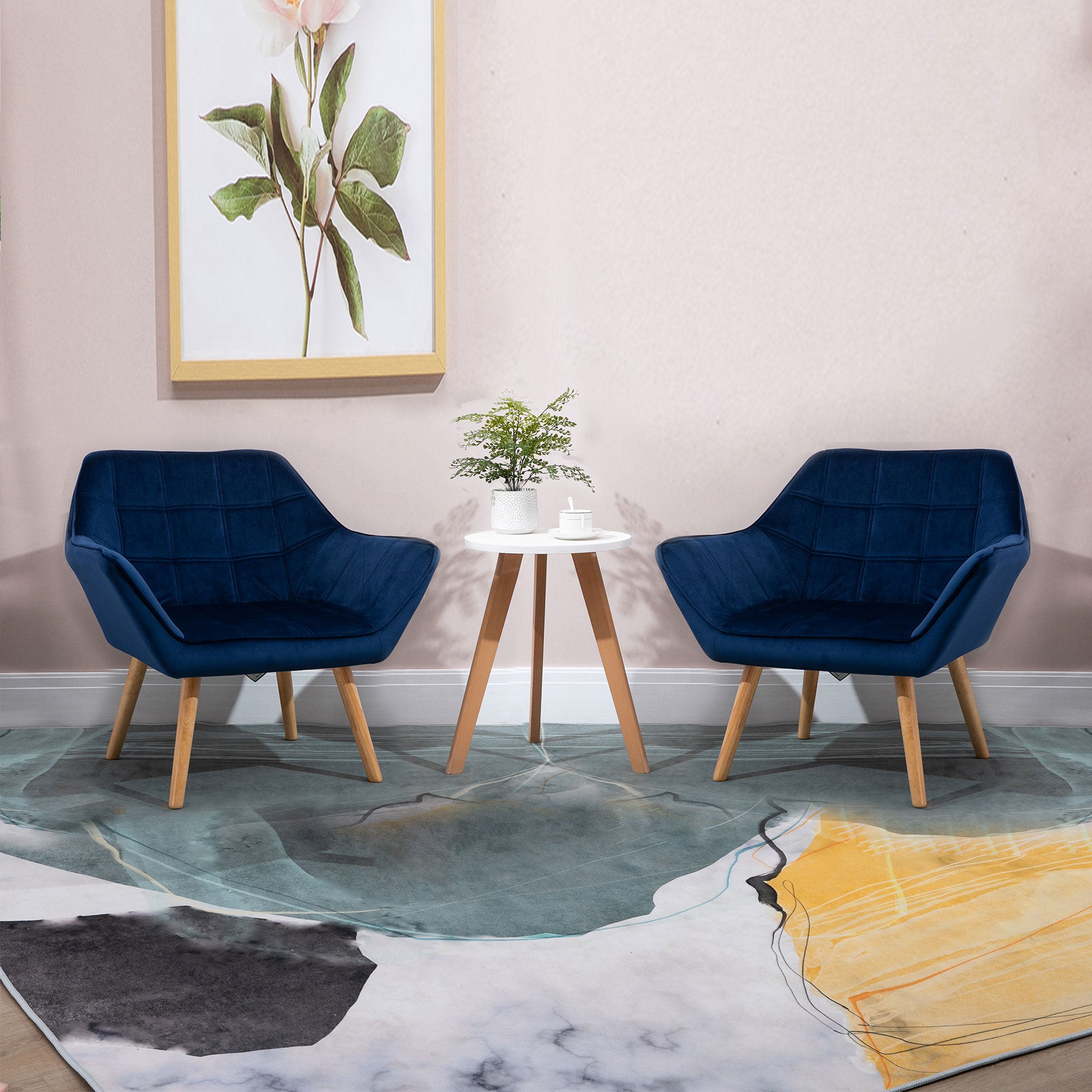 Armchair Accent Chair Wide Arms Slanted Back Padding Steel Frame Wooden Legs Home Bedroom Furniture Seating Blue