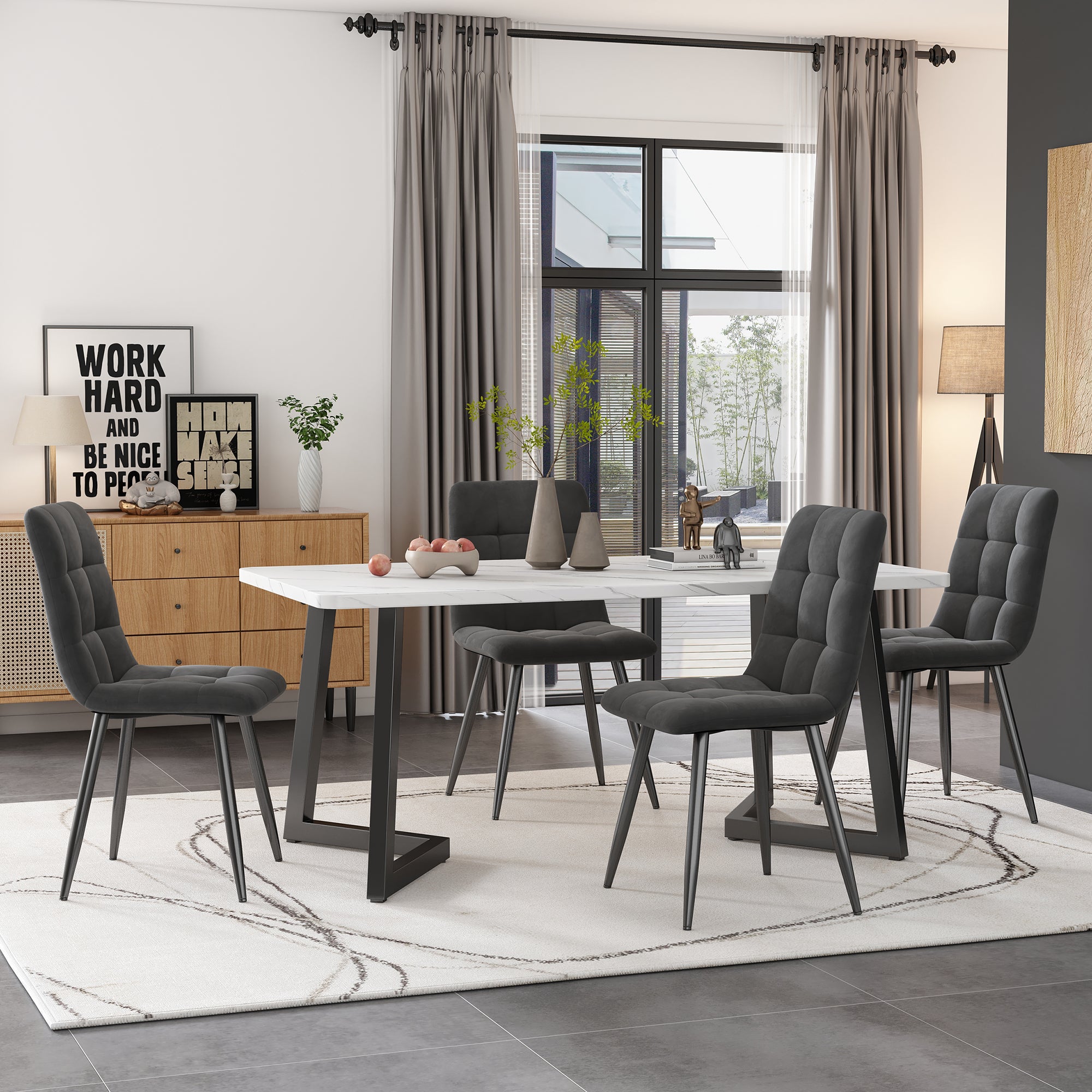 117x68cm Dining Table With 4 Chairs Set, Rectangular Dining Table Modern Kitchen Table Set,Dining Room Chair  Dark Grey Velvet Kitchen Chair,Black Table Legs