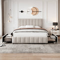 4ft6 Double Upholstered Bed With 4 Storage Drawers, Velvet Platform Bed Frame With Adjustable Channel Tufted Headboard, Metal-Wood Support, No Box Spring Needed, Easy Assembly, Beige  No Mattress